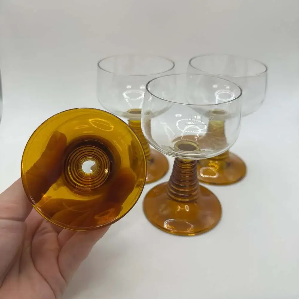 Set of 4 Vintage MCM Luminarc Roemer Amber Beehive Stem Wine Goblets 1970s